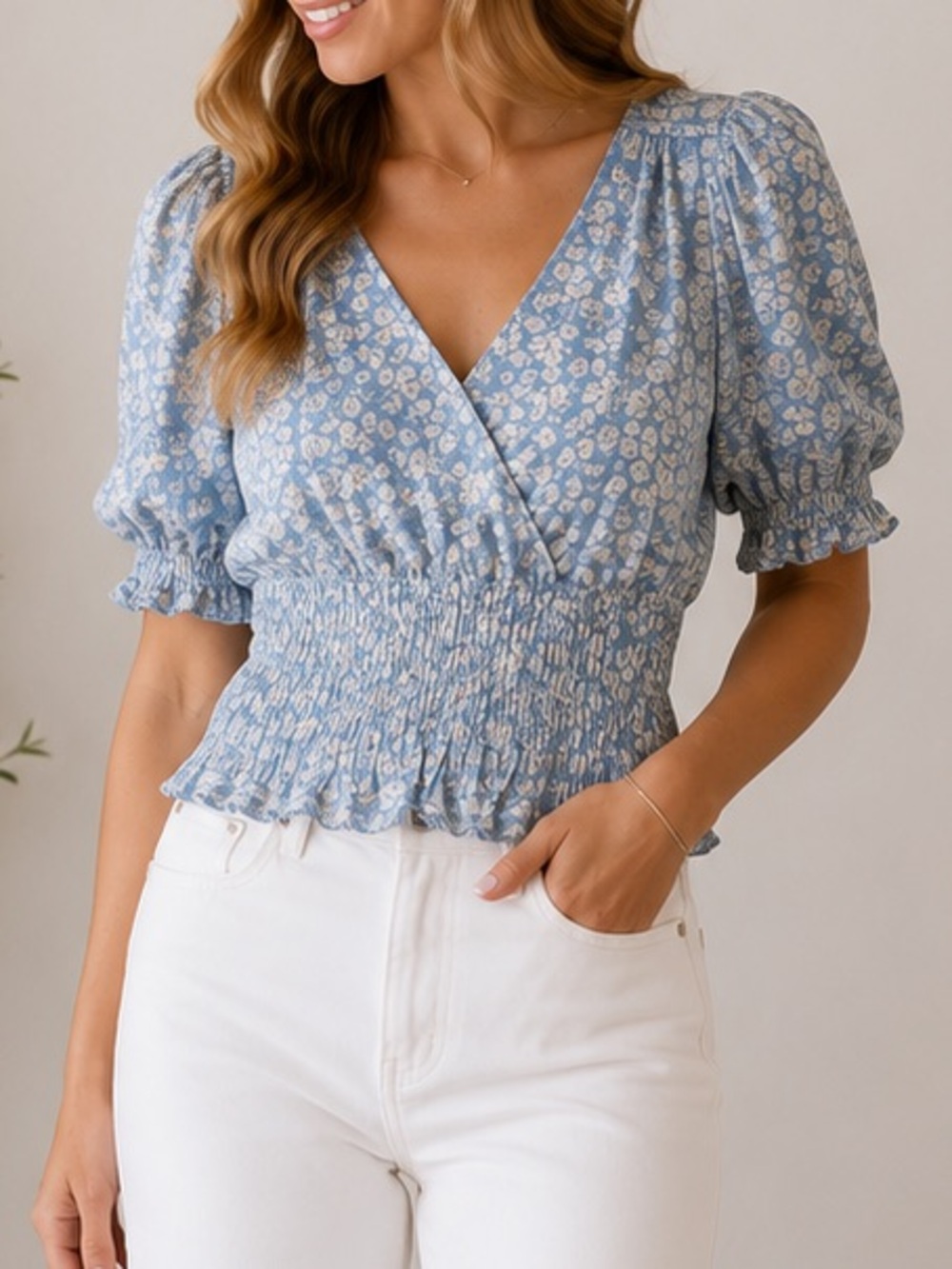 Lost + Wander Blue Floral Wrap Blouse NWT Size Small Puff Sleeve Smocked Top
